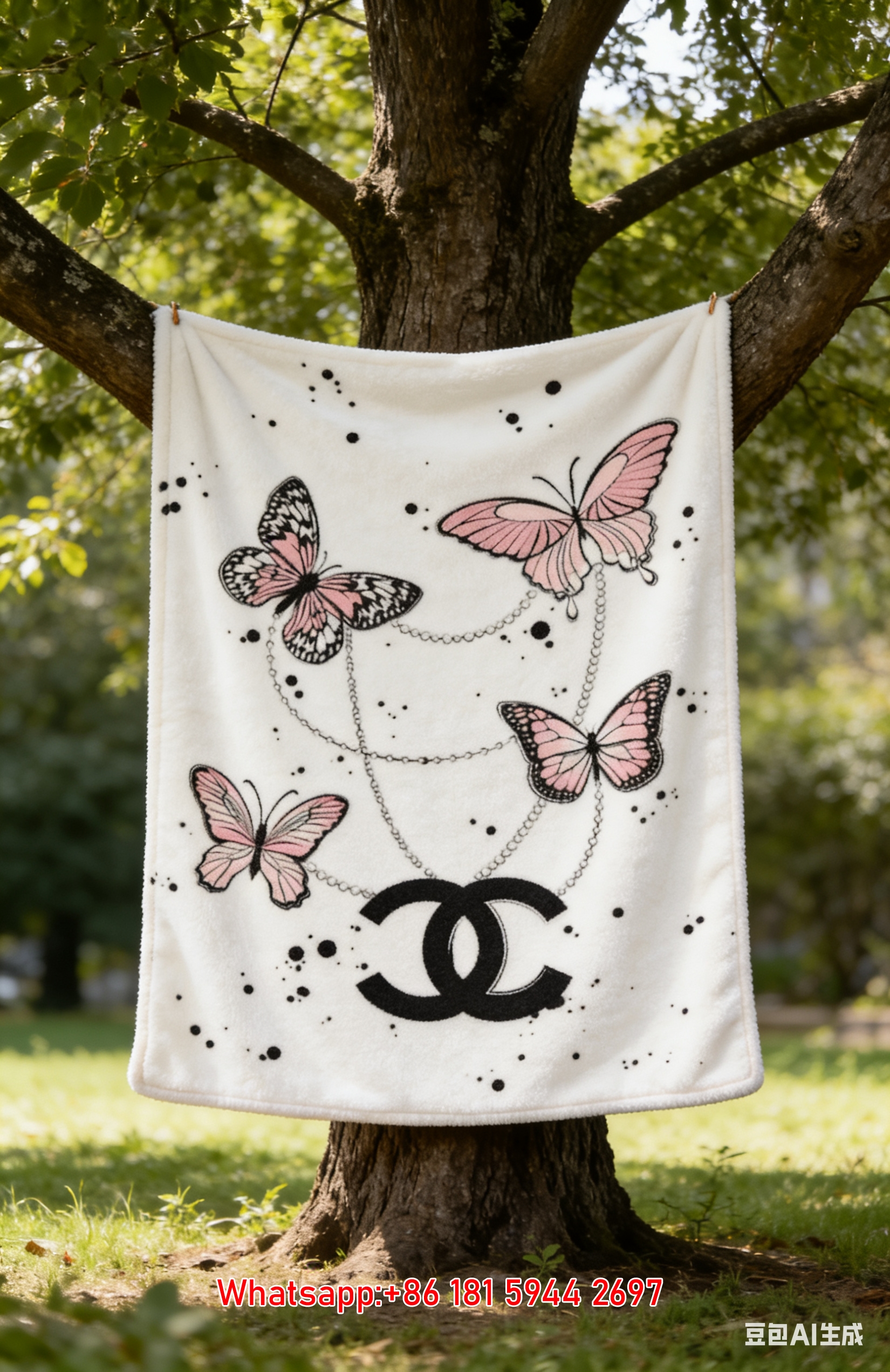 Chanel Pink Butterfly Chain CC Logo Flannel Throw Blanket IMG_7036